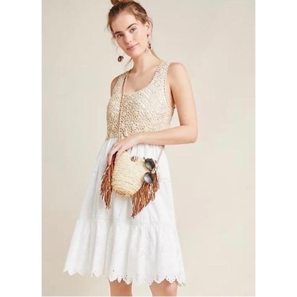 By Anthropologie Beckett Crochet Eyelet Dress White Tan Size Small Prairie‎ Boho